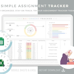 Assignment Tracker Google Sheets and Excel Spreadsheet Template | Homework Planner Checklist Digital For College or High School