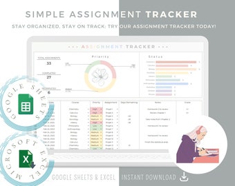 Assignment Tracker Google Sheets and Excel Spreadsheet Template | Homework Planner Checklist Digital For College or High School