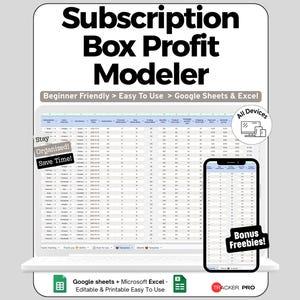 Könnte beinhalten: Eine digitale Tabellenkalkulationsvorlage Subscription Box Profit Modeler für Google Sheets und Excel. Die Anzeige zeigt eine Datentabelle mit Spalten für Abonnementdetails, Preise und Kosten. Enthält die Textbeschriftungen: Beginner Friendly, Easy To Use, Stay Organized, Save Time, All Devices und Bonus Freebies.