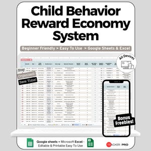 Può includere: Un prodotto digitale, un "Child Behavior Reward Economy System", visualizzato su un laptop e uno smartphone. Gli schermi mostrano un foglio di calcolo. Il testo include "Beginner Friendly", "Easy To Use" e "Bonus Freebies!"