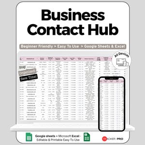 Op de afbeelding: Een digitale business contact hub weergegeven op een laptop en smartphone. Het laptopscherm toont een spreadsheet met contactgegevens. De afbeelding bevat de tekst "Business Contact Hub", "Stay Organized!" en "Save Time!"