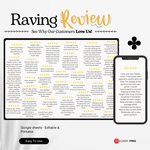 May include: A digital product review graphic with the words "Raving Review" and "See Why Our Customers Love Us!" displayed. The graphic includes a tablet and a smartphone displaying customer reviews. The bottom of the graphic says "Google sheets - Editable & Printable" and "Easy To Use".