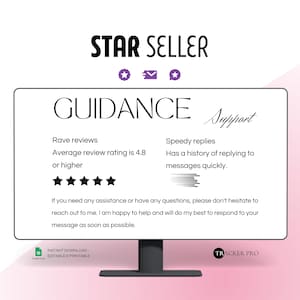 May include: A computer monitor displays a graphic with the text "STAR SELLER" at the top. The screen shows "GUIDANCE" and "Support" with details about rave reviews, speedy replies, and a 4.8-star rating. The monitor is black.