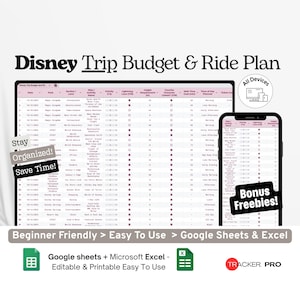 Disney-Reisebudget und Fahrtenplan (Google Excel), Park-Tagesplaner, Disney FastPass-Strategie, Familienurlaubsroute (Google Tabellen)