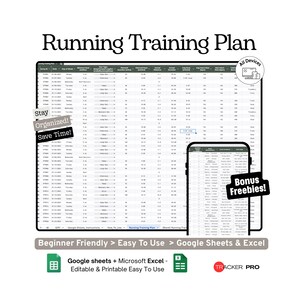 Puede incluir: Un plan de entrenamiento de carrera digital que se muestra en una tableta y un tel&eacute;fono inteligente. El plan incluye una hoja de c&aacute;lculo con varias columnas y filas. El texto de la imagen incluye "Running Training Plan", "Stay Organized!", "Save Time!" y "Bonus Freebies!"
