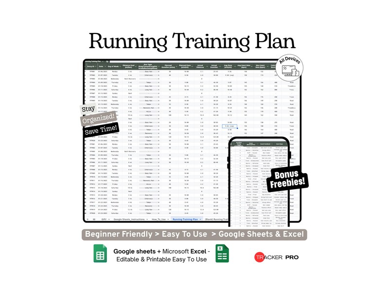 Puede incluir: Un plan de entrenamiento de carrera digital que se muestra en una tableta y un tel&eacute;fono inteligente. El plan incluye una hoja de c&aacute;lculo con varias columnas y filas. El texto de la imagen incluye "Running Training Plan", "Stay Organized!", "Save Time!" y "Bonus Freebies!"