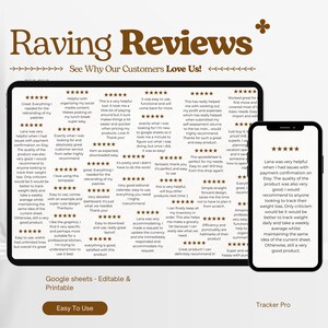 May include: Screenshots of positive customer reviews for a weight loss tracker app. The app is called "Tracker Pro" and is described as easy to use, editable, and printable. The reviews highlight the app's helpfulness, ease of use, and effectiveness in tracking weight loss.