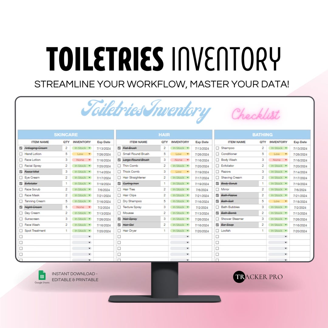 Toiletries Inventory, Toiletries Packing List for Travel, Household