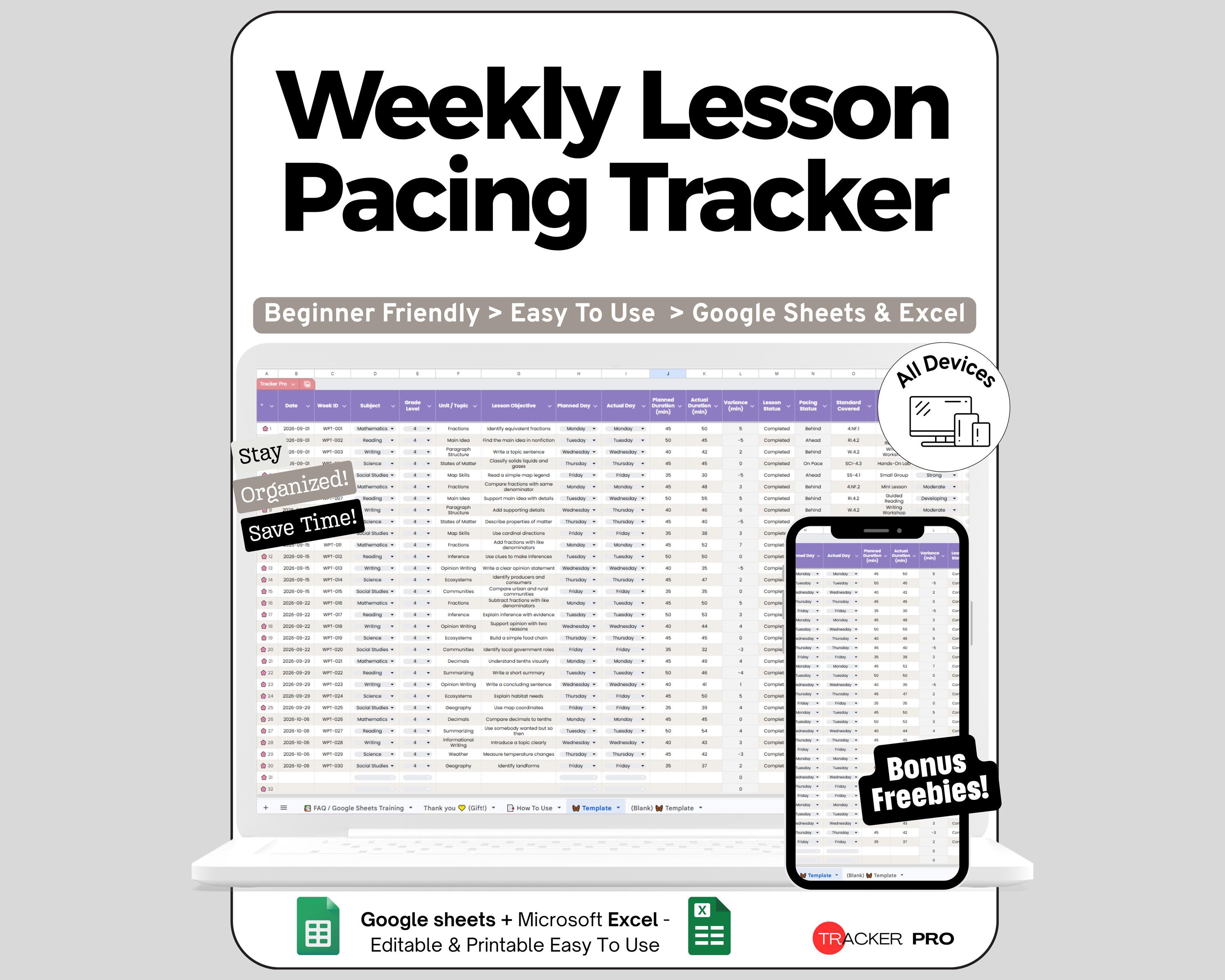 Lesson Pacing Lesson Pacing Spreadsheet for Google Sheets and Excel Curriculum Timing ...