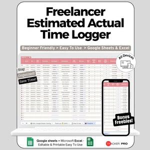 Tijdregistratie-spreadsheet voor Google Sheets en Excel, vergelijking van offertes, factureringsmonitoring en winstdashboard.