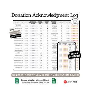 Nonprofit Donation Acknowledgement Log Google Sheets Template (Donor Info, Donation Tracking and Receipt Record Spreadsheet)