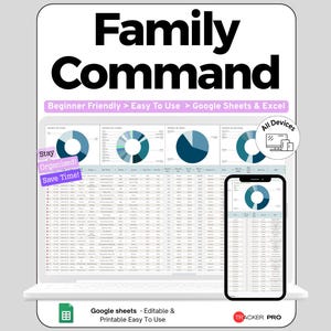 Op de afbeelding: Een digitaal spreadsheet-sjabloon getiteld Family Command, compatibel met Google Sheets en Excel. Het display toont gegevenstabellen en blauwgetinte cirkeldiagrammen op een laptopscherm en een smartphone, met teksten zoals Beginner Friendly, Easy To Use, Stay Organized, Save Time en Tracker Pro.