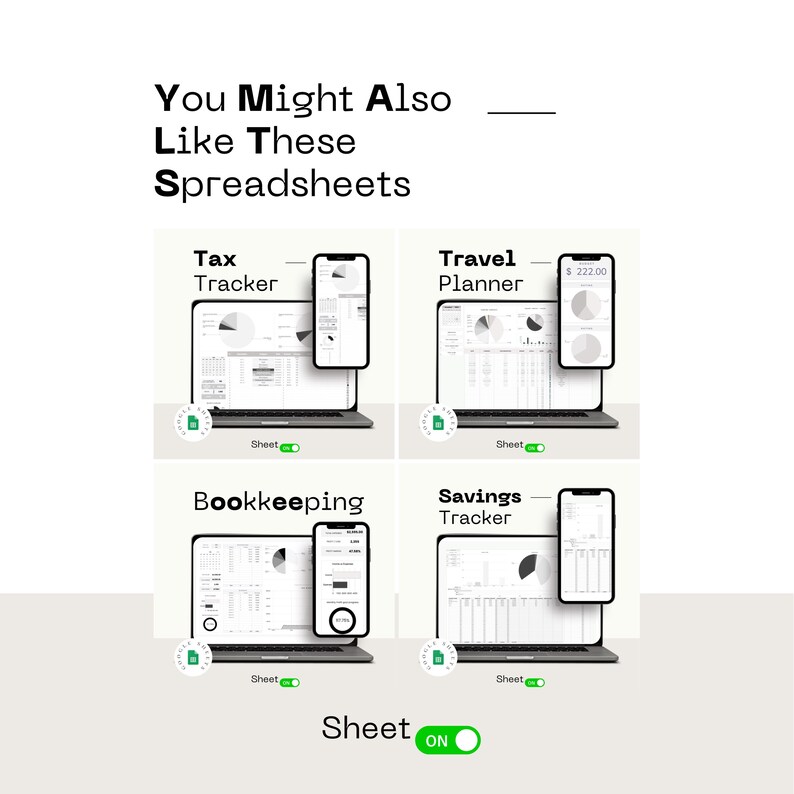 K&ouml;nnte beinhalten: Vier Laptop-Bildschirme, die verschiedene Google Sheets-Tabellen zeigen. Die Tabellen sind mit "Tax Tracker", "Travel Planner", "Bookkeeping" und "Savings Tracker" betitelt.