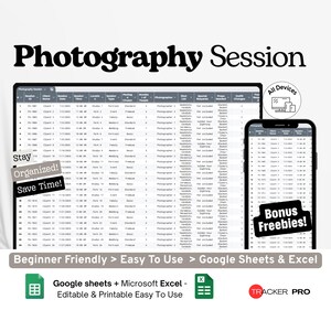 Photography Session Planner Google Excel, Photoshoot Checklist, Client Booking Organizer, Studio Session Log Google Sheets Spreadsheet