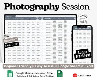 Photography Session Planner Google Excel, Photoshoot Checklist, Client Booking Organizer, Studio Session Log Google Sheets Spreadsheet