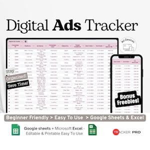 Digital Ads Tracker Google Excel, Ad Campaign Monitoring Sheet, CTR ROI Log, Facebook Google Ads Spreadsheet Template Google Sheets