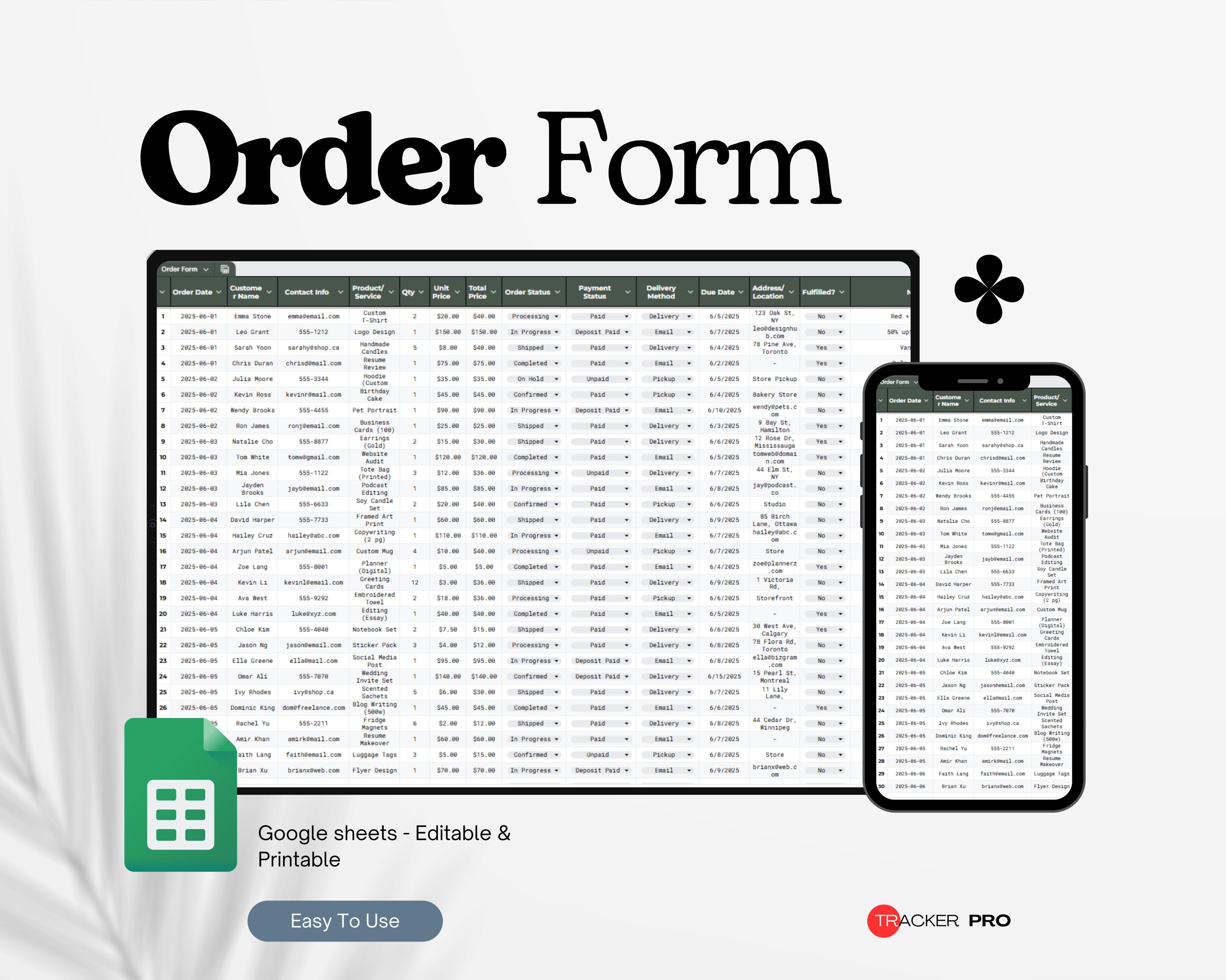 Order Form Template Google Sheets, Order Forms, Order Template, Order Log Excel Spreadsheet, Order Tracking, Custom Order Form Template
