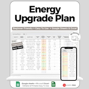 Peut inclure: Un plan numérique d'amélioration énergétique affiché sur un ordinateur portable et un smartphone. Le plan est conçu pour Google Sheets et Excel, et est adapté aux débutants. Le texte sur l'image dit "Energy Upgrade Plan" et "Save Time!"