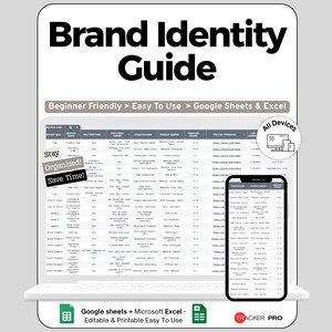 Może przedstawiać: Cyfrowy przewodnik po tożsamości marki wyświetlany na laptopie i smartfonie. Przewodnik zawiera tekst "Brand Identity Guide" oraz "Beginner Friendly > Easy To Use > Google Sheets & Excel." Obraz zawiera również tekst "Stay Organized! Save Time!"