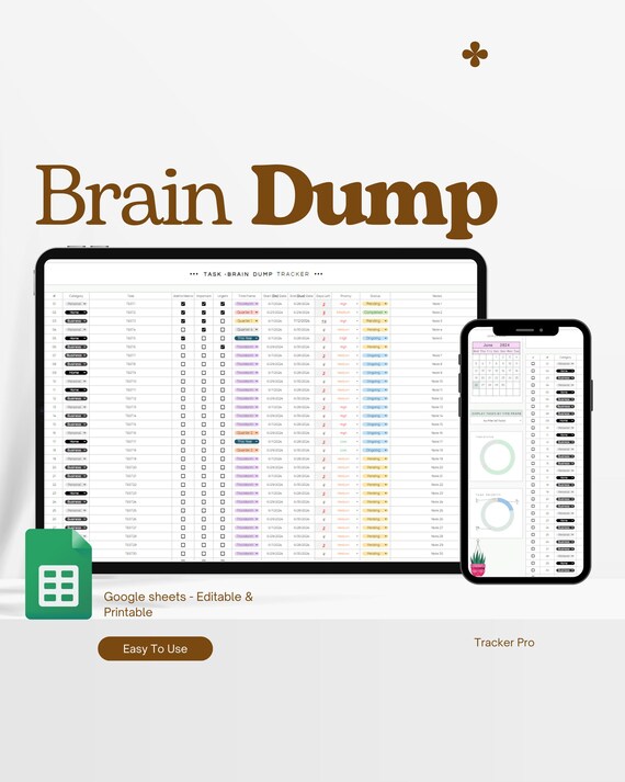 Brain Dump Template Google Sheets, Productivity Planner, Note Taking Template, Task Manager, To Do List Thoughts Organizer Excel Spreadsheet