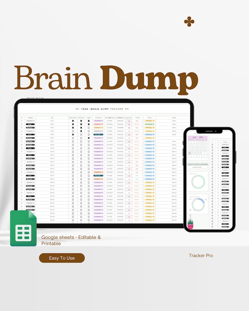 Brain Dump Template Google Sheets, Productivity Planner, Note Taking Template, Task Manager, To Do List Thoughts Organizer Excel Spreadsheet image 1