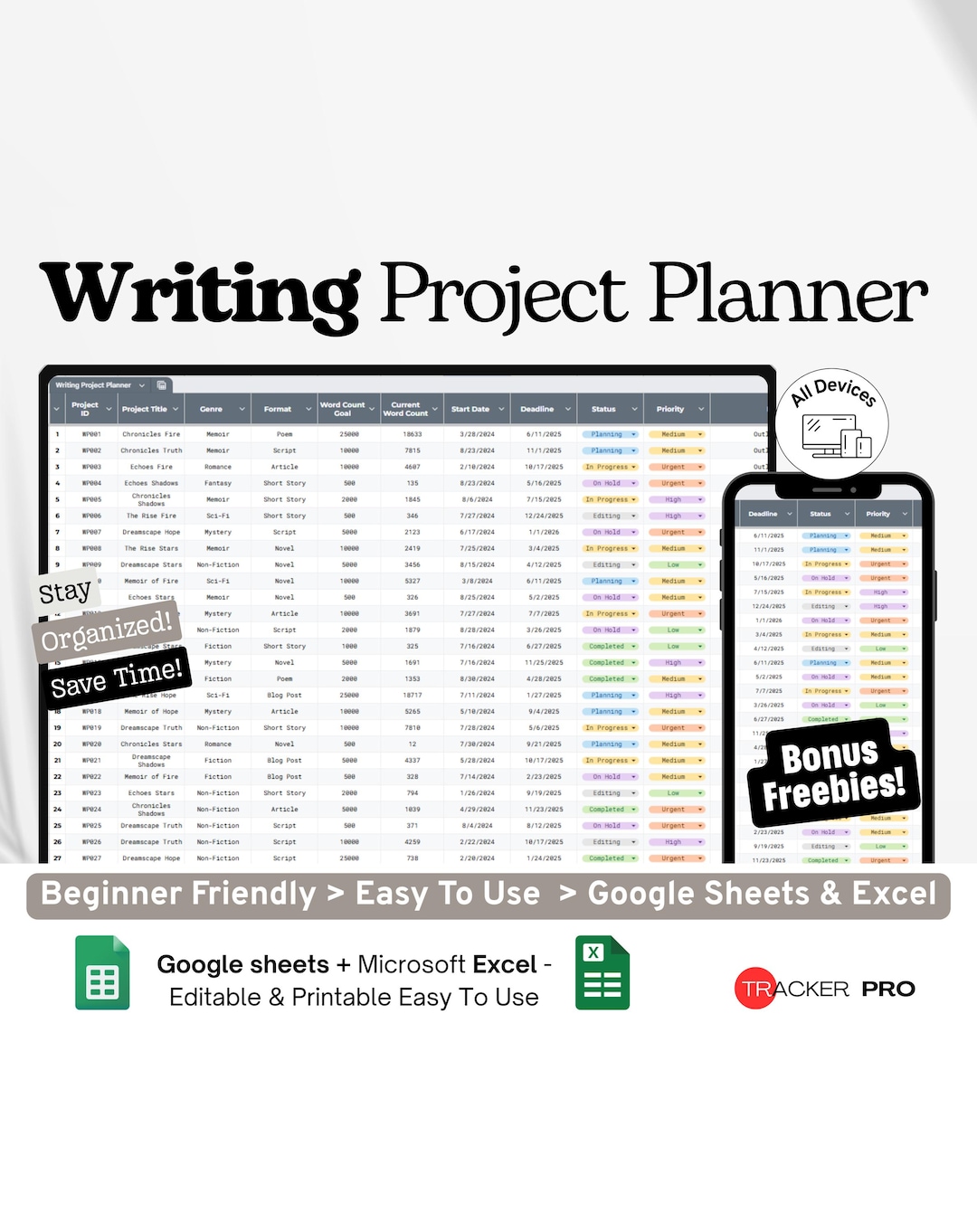 Project Chapter Planner Writing Project Planner Google Sheets, Novel Story Organizer, Book ...