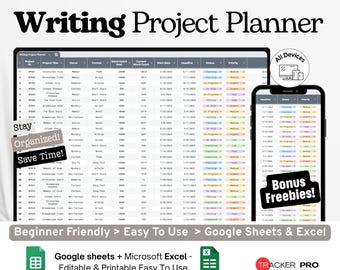 Writing Project Planner Google Sheets, Novel Story Organizer, Book Chapter Planning Spreadsheet, Author Writing Tracker Google Sheets
