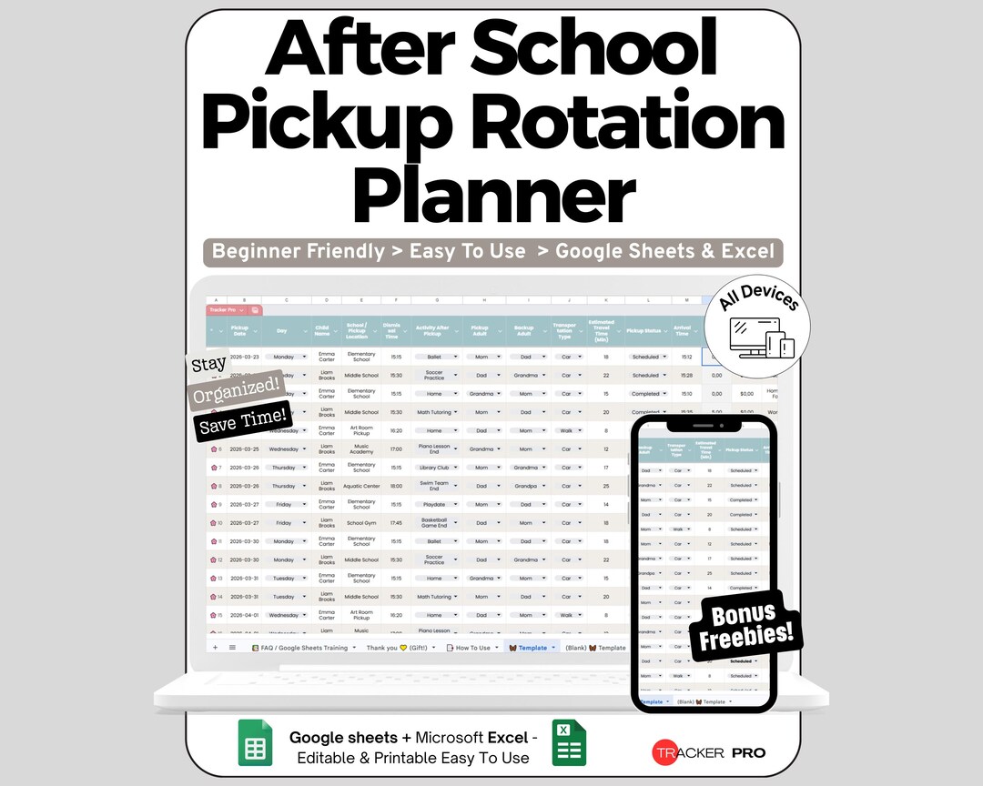 Pickup Planner Spreadsheet for Google Sheets and Excel Carpool ...