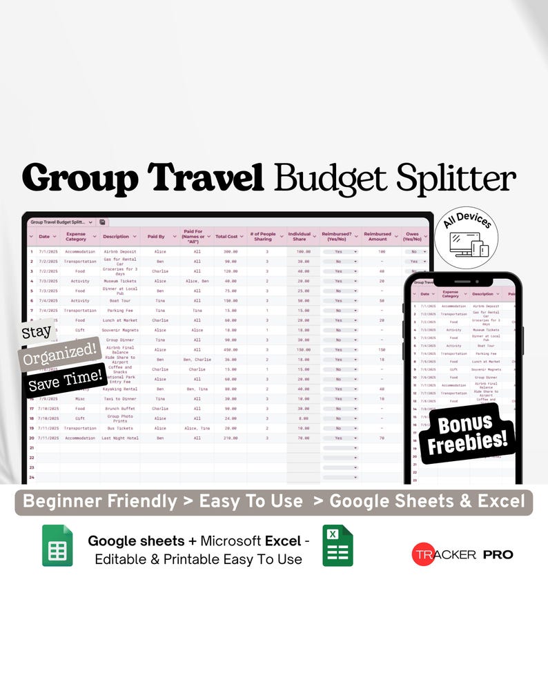Group Travel Budget Splitter Google Excel, Trip Expense Sharing Sheet, Group Travel Cost Tracker, Vacation Budget Log Google Sheets image 1
