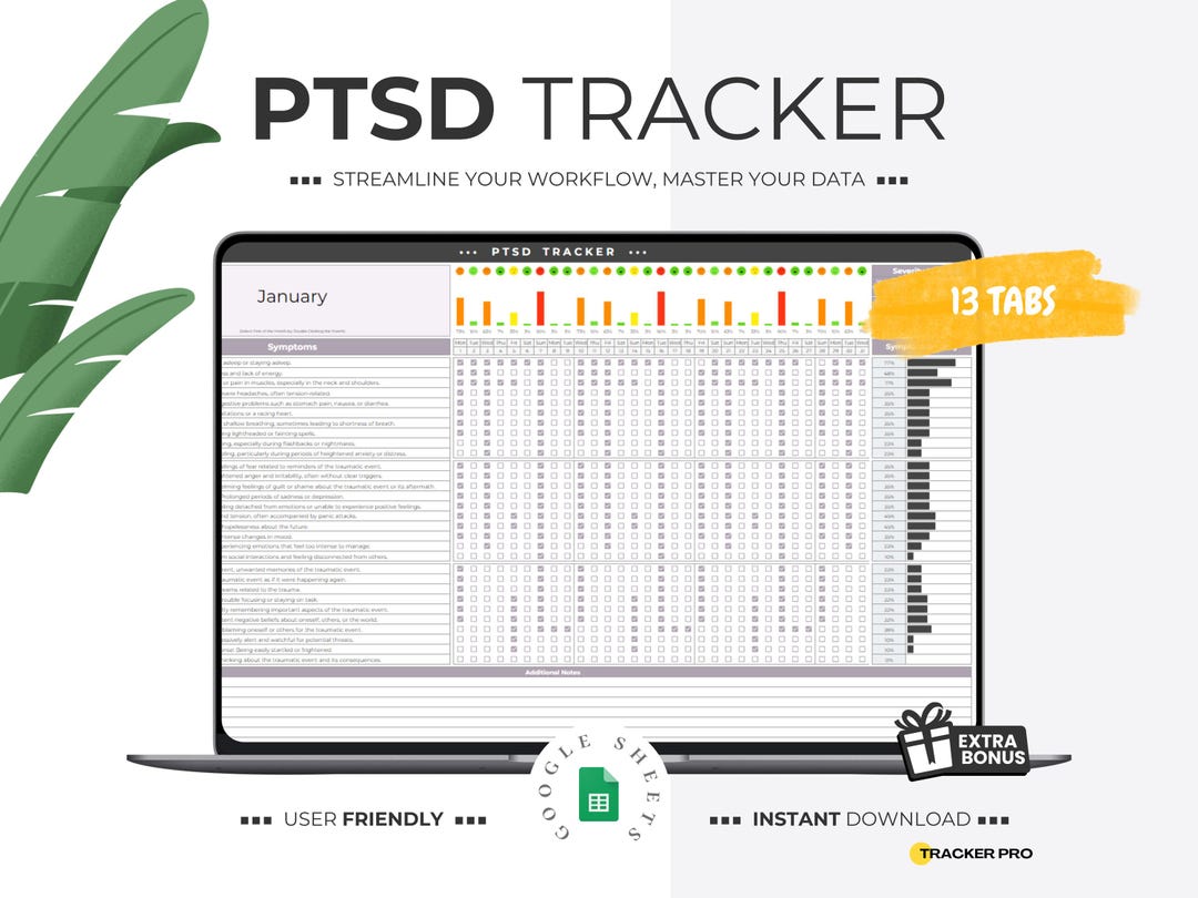 PTSD Tracker Google Sheet, Monthly PTSD Symptom Tracker, PTSD Worksheet ...