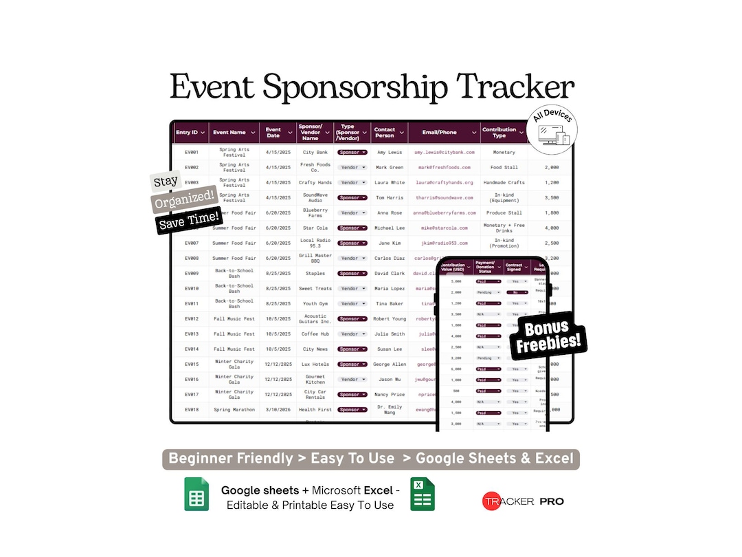 Local Event Sponsorship and Vendor Coordination Tracker Google Sheets ...