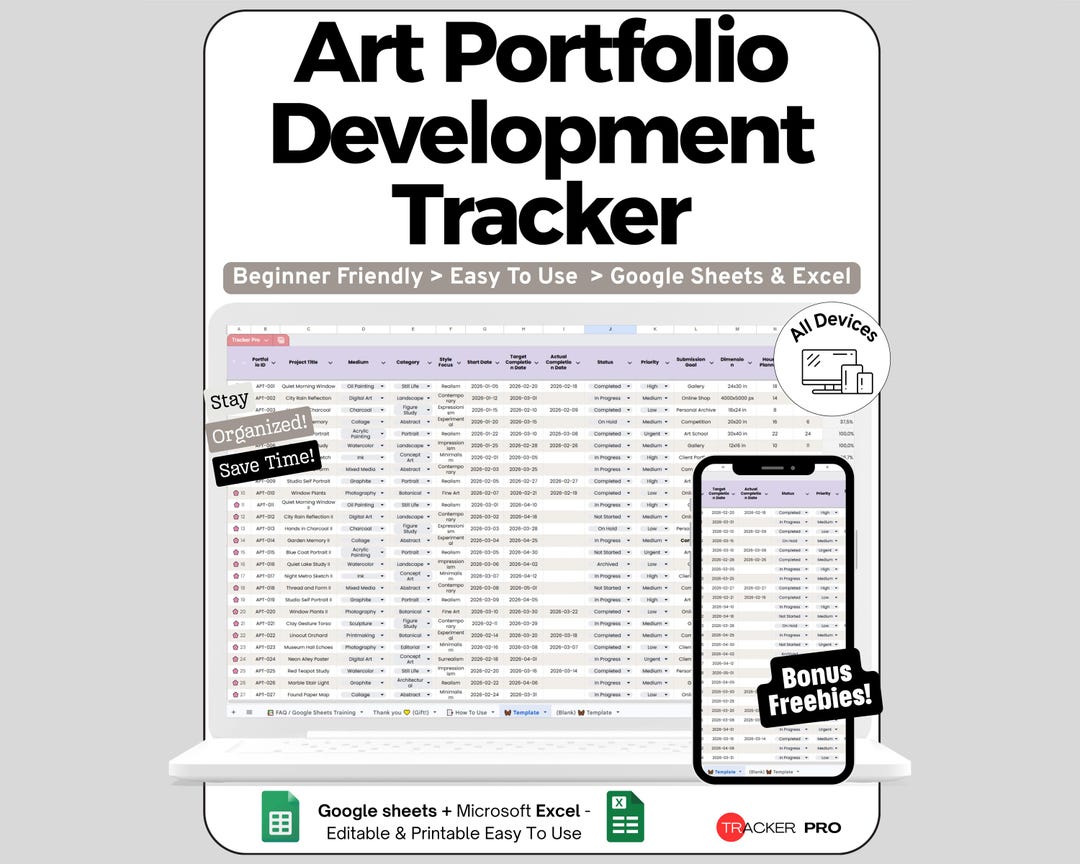 Art Portfolio Spreadsheet for Google Sheets and Excel Creative Project ...