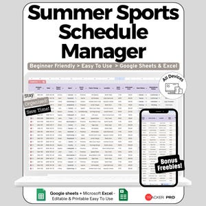 Youth Sports Spreadsheet for Google Sheets and Excel Practice Tournament and Summer Schedule Dashboard