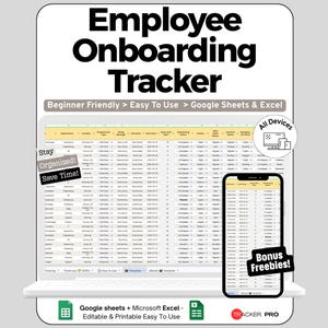 Peut inclure: Un modèle de feuille de calcul Employee Onboarding Tracker pour Google Sheets et Excel. L'affichage présente un tableau de données avec des colonnes pour le département, le lieu et le statut. Inclut les textes : Beginner Friendly, Stay Organized, Save Time, All Devices, Bonus Freebies.