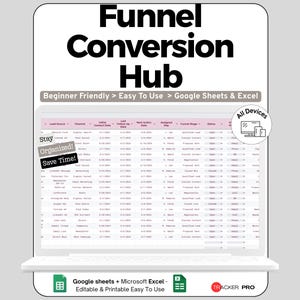 Peut inclure: Capture d'écran d'un ordinateur portable affichant un modèle de feuille de calcul de marketing numérique intitulé "Funnel Conversion Hub". Le modèle est conçu pour Google Sheets et Microsoft Excel, avec le texte "Beginner Friendly > Easy To Use". L'image comprend également le texte "Stay Organized! Save Time!"