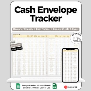 Puede incluir: Un rastreador digital de sobres de efectivo que se muestra en una computadora portátil y un teléfono inteligente. El texto "Cash Envelope Tracker" está en la parte superior. La imagen incluye las frases "Beginner Friendly", "Easy To Use", "Google Sheets & Excel", "Stay Organized!" y "Save Time!"