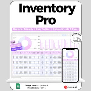 Peut inclure: Modèle de feuille de calcul numérique Inventory Pro pour Google Sheets et Excel affiché sur un écran d'ordinateur portable et de smartphone. L'interface comprend un graphique en secteurs, un histogramme et un tableau de données avec des colonnes.