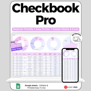 Op de afbeelding: Een digitaal financieel tracking-sjabloon genaamd Checkbook Pro, weergegeven op een laptopscherm en een smartphone. De interface bevat ringdiagrammen, een transactieoverzicht met kolommen voor datum, beschrijving en saldo, en tekstlabels.