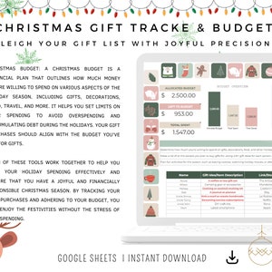May include: A digital Christmas gift tracker and budget template displayed on a laptop screen. The design includes festive graphics, budget overviews, and a section for tracking gift ideas. Text reads "Sleigh your gift list with joyful precision!" and "Google Sheets | Instant Download."