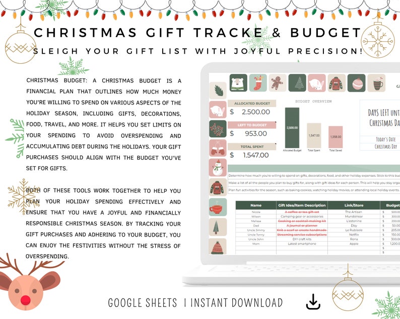May include: A digital Christmas gift tracker and budget template displayed on a laptop screen. The design includes festive graphics, budget overviews, and a section for tracking gift ideas. Text reads "Sleigh your gift list with joyful precision!" and "Google Sheets | Instant Download."