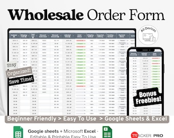 Wholesale Order Form Template Google Excel, Bulk Product Order Sheet, Wholesale Invoice & PO Tracker, Vendor Log Google Sheets Spreadsheet