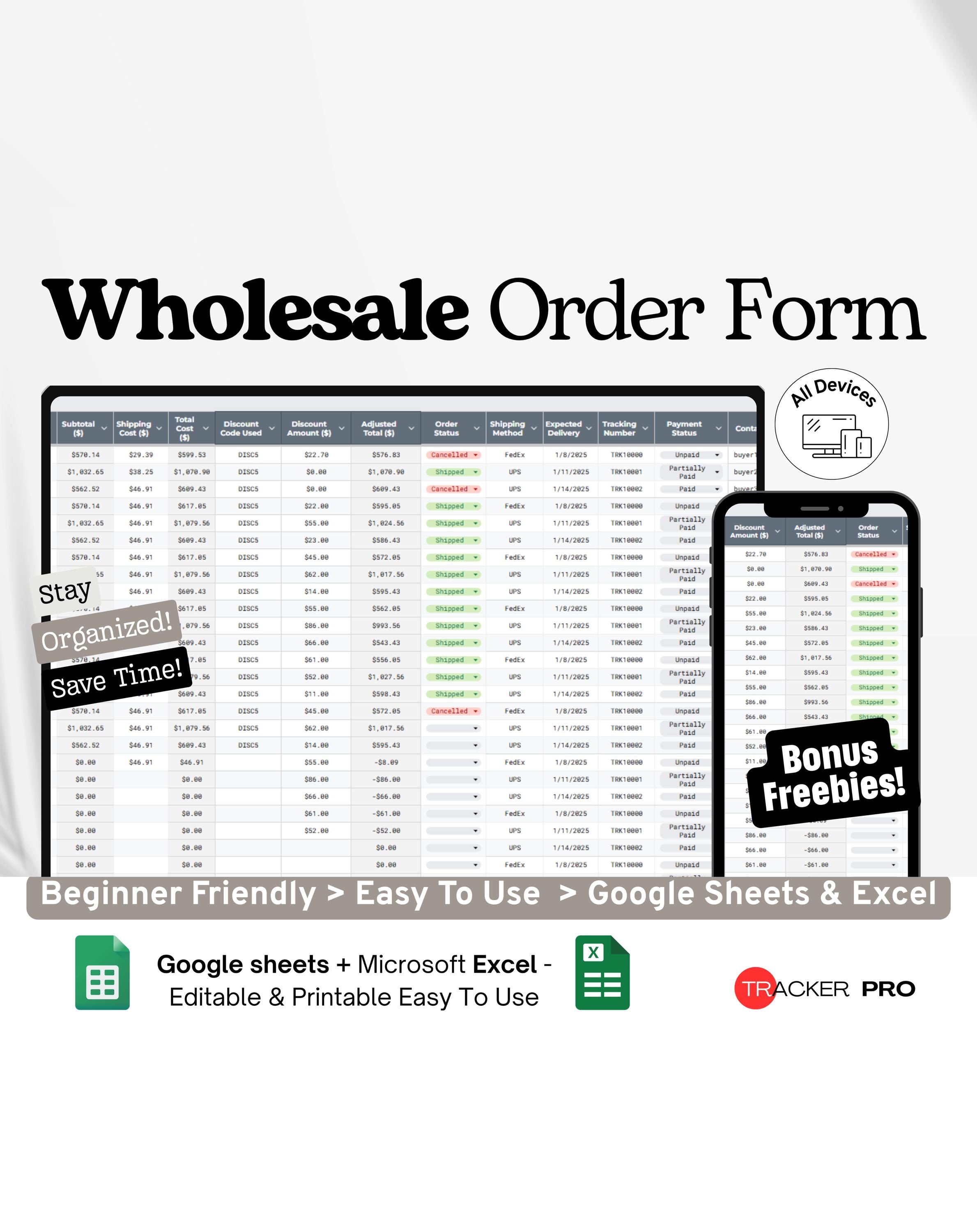 Wholesale Order Form Template Google Excel, Bulk Product Order Sheet, Wholesale Invoice & PO Tracker, Vendor Log Google Sheets Spreadsheet