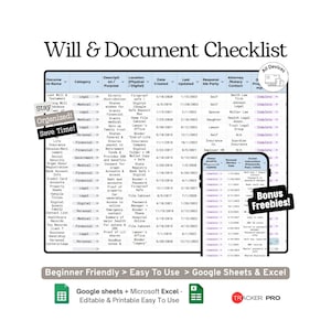 Checklista för testamente och dokument vid dödsfall i Google Sheets-mall (arvsplanering, juridiska dokument och organisatör för slutgiltiga önskemål)
