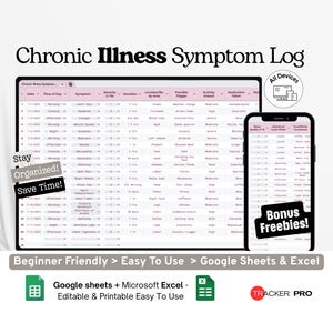 Chronic Illness Symptom Log Google Excel, Long-Term Health Journal, Pain Tracker Template, Medical Symptom Diary Google Sheets Sheet