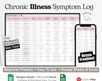 Chronic Illness Symptom Log Google Excel, Long-Term Health Journal, Pain Tracker Template, Medical Symptom Diary Google Sheets Sheet