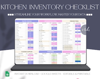 Kitchen Inventory Template, Pantry Inventory Spreadsheet List, Freezer Kitchen Supplies, Spice Refrigerator Food Checklist Excel Planner