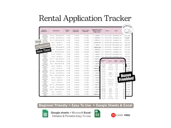 Rental Application Tracker Google Sheets Template, Tenant Applications, Background Check and Lease Screening Spreadsheet, Excel