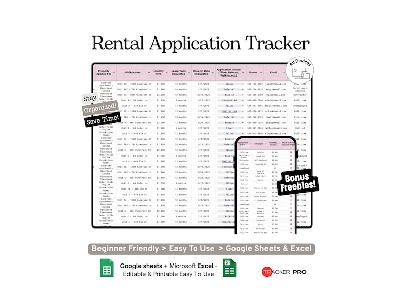 Rental Application Tracker Google Sheets Template, Tenant Applications, Background Check and Lease Screening Spreadsheet, Excel image 1