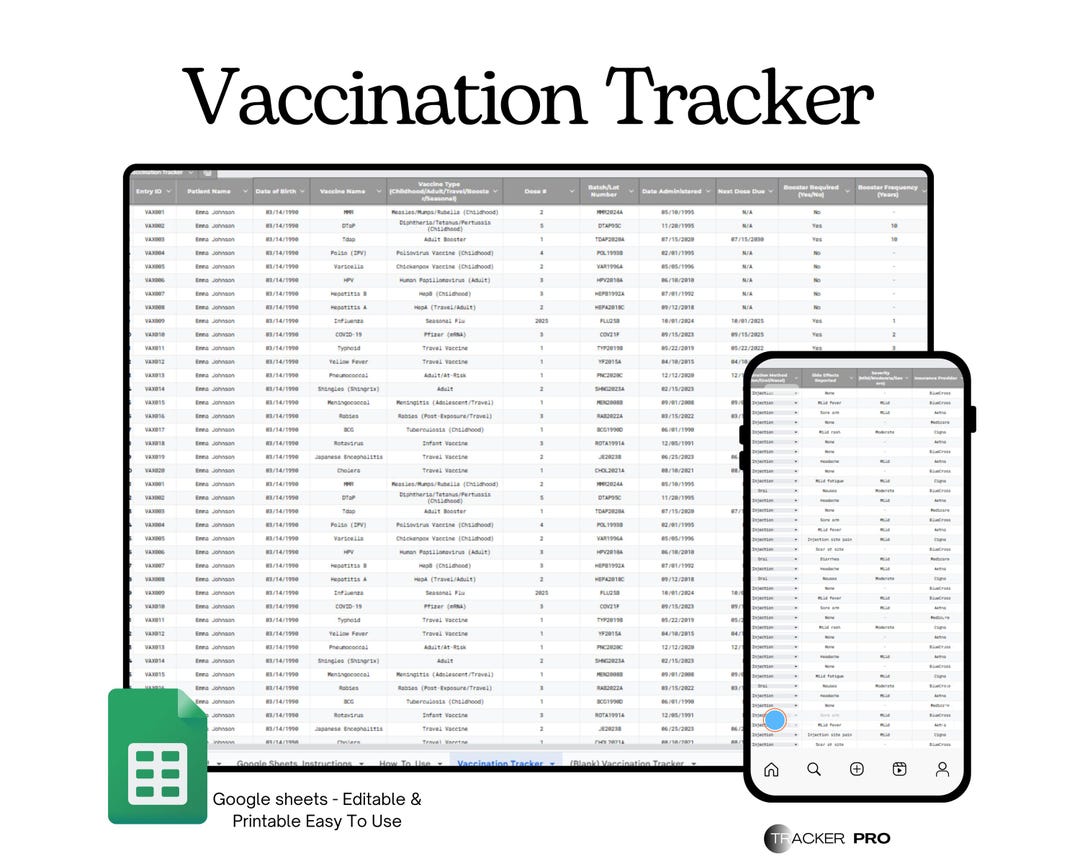 Vaccination & Immunization Record Tracker Google Sheets | Track ...