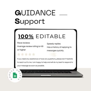 Puede incluir: Un port&aacute;til que muestra el texto "GUIDANCE Support" y "100% EDITABLE". La pantalla muestra informaci&oacute;n sobre rese&ntilde;as entusiastas, una calificaci&oacute;n de 4,8 estrellas y respuestas r&aacute;pidas. Un logotipo de Google Sheets est&aacute; en la esquina inferior izquierda.